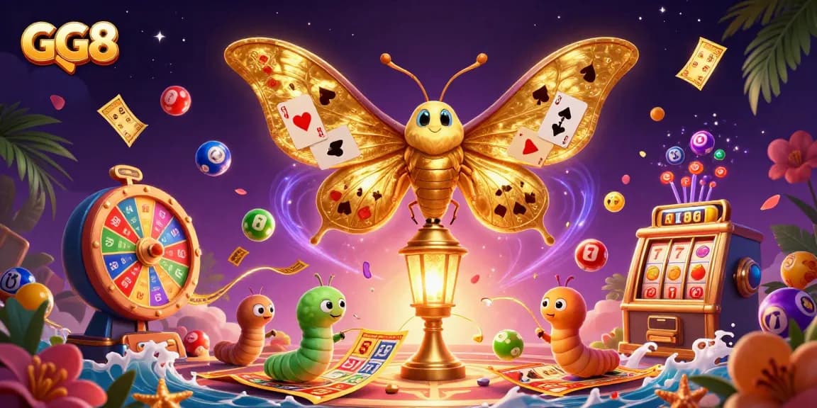 Experience excitement with GG8 as lottery balls and vibrant casino elements celebrate gaming.