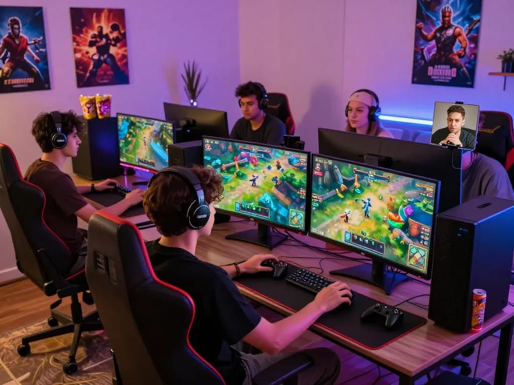Engaging online gaming scene showcasing players at home with https://blackmomsblog.com/about/ visible on screens and colorful setups.