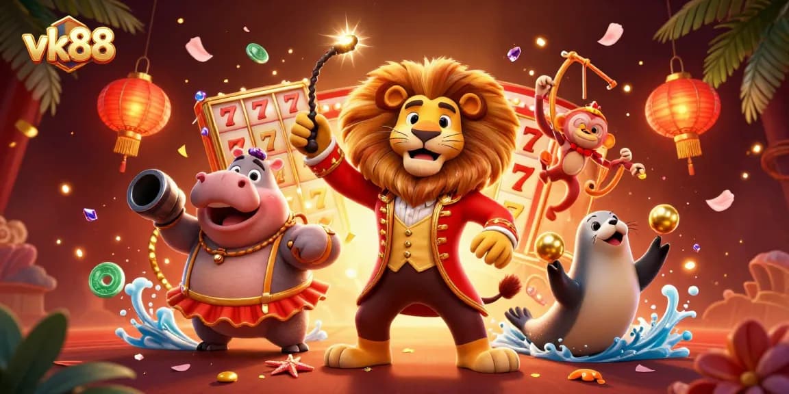 Experience thrilling slot action at vk88 with a lively 3D casino illustration showcasing vibrant characters and game elements.