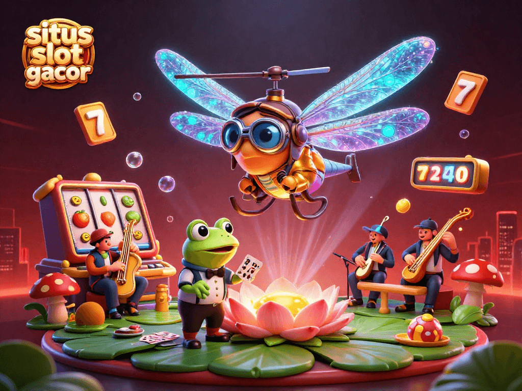 Situs slot gacor showcase featuring a vibrant 3D casino scene with lively characters and engaging gaming elements.