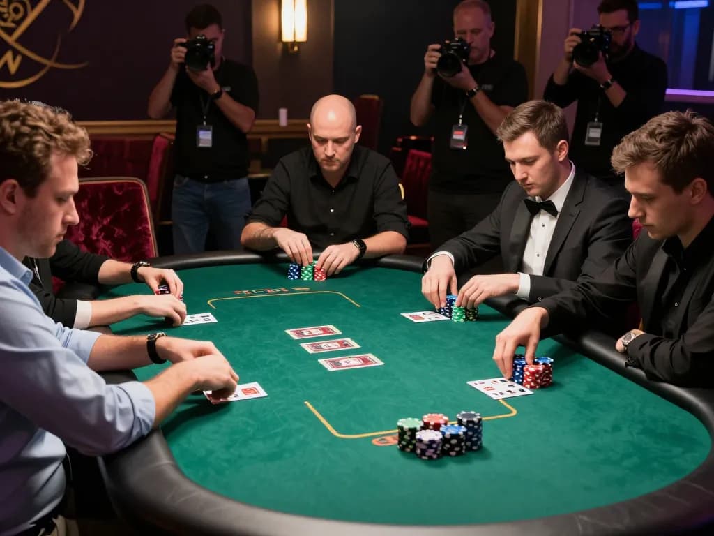 Pemain poker kompetitif terlibat intensif sambil menunjukkan keterampilan seniman komik dalam strategi dan taktik.