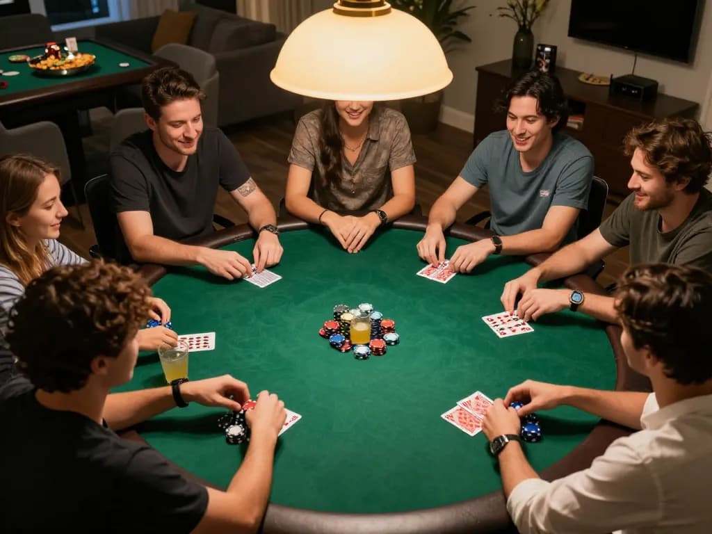 In a vibrant home poker scene, players strategize over a game while enjoying friendly competition at nego77.