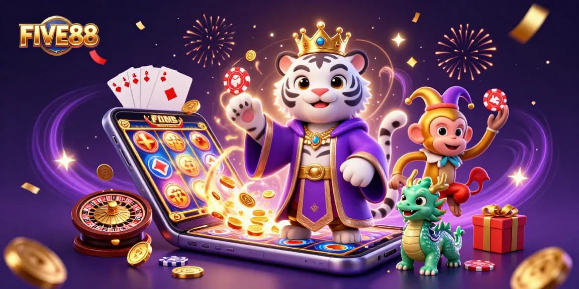 Experience thrilling wins with FIVE88 in this vibrant illustration featuring a royal tiger, a jester monkey, and a dragon surrounded by gaming elements.