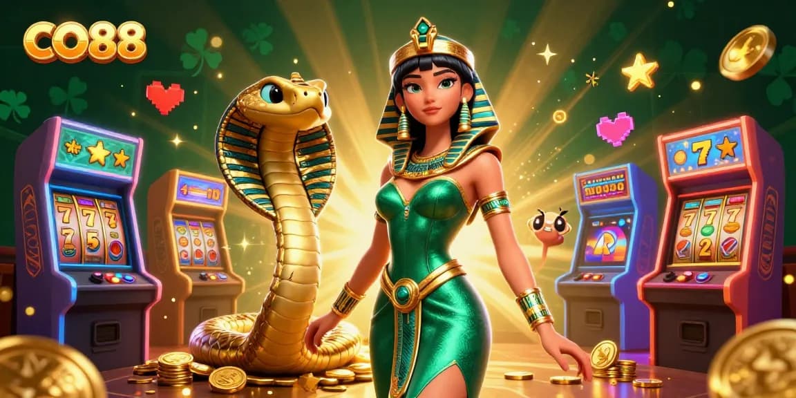 Experience CO88's vibrant casino world with a stunning emerald gown beauty and her golden cobra companion.