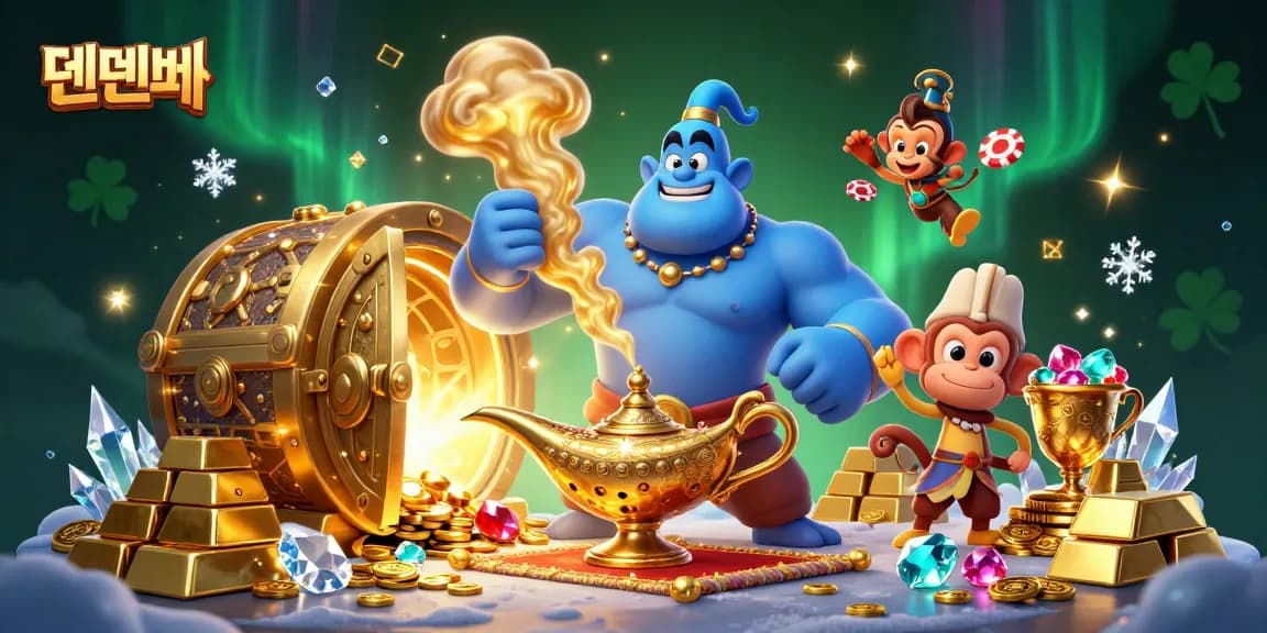 Experience exciting gameplay with 텐텐벳 as a muscular genie emerges, surrounded by poker chips and treasures