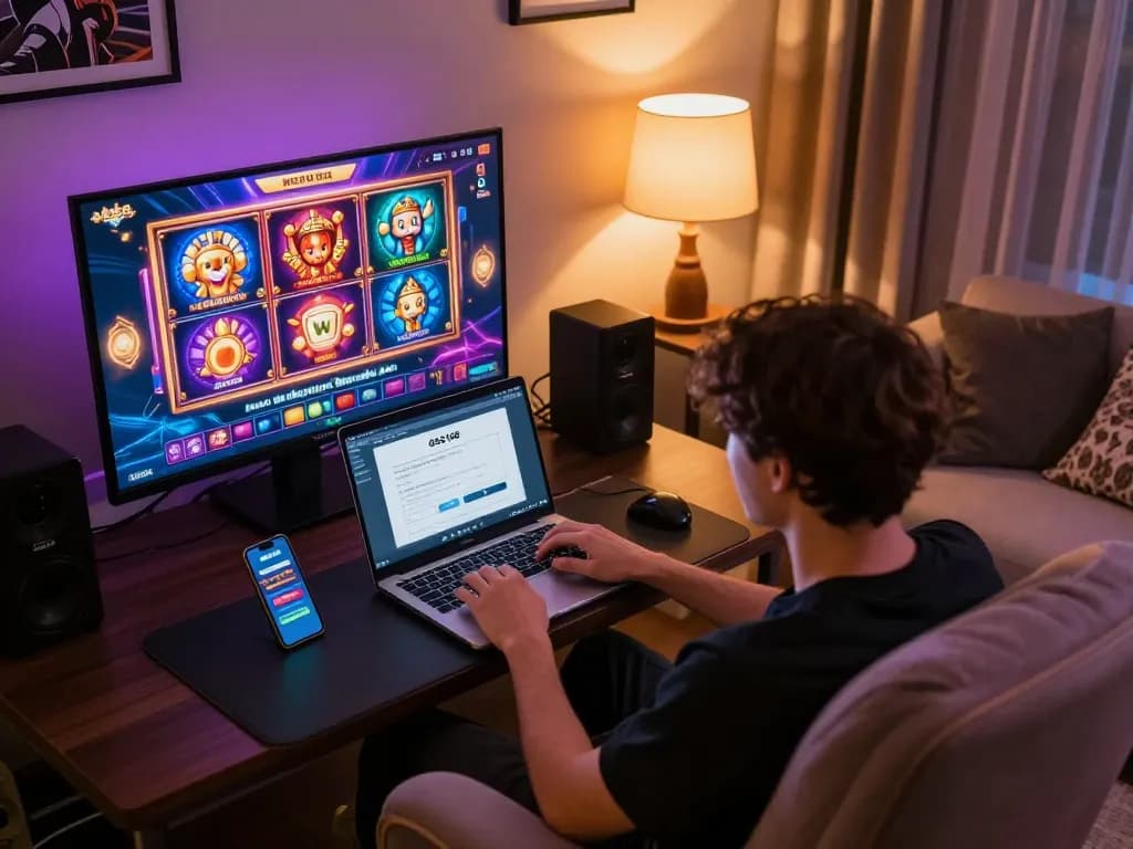 Player engaging in GSC108 login on laptop, showcasing vibrant online slots and cozy gaming setup