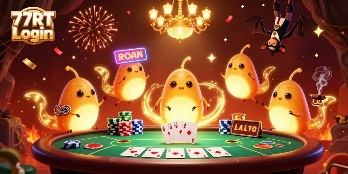 Light up your game with 77RT Login: vibrant casino scene featuring poker elements and glowworms.