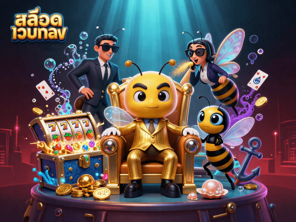 Play สล็อตเว็บตรง with vibrant characters in a 3D casino-themed illustration featuring dynamic elements.