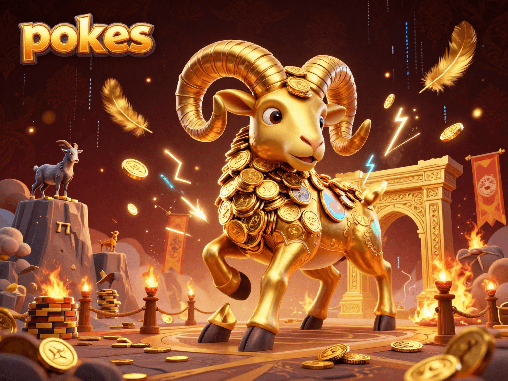Spin the reels on exciting pokies as a golden ram charges through a casino gate!