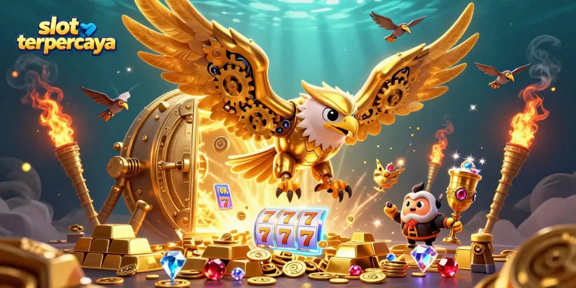 Experience the thrill of slot terpercaya with this dynamic 3D illustration showcasing winning symbols and riches.