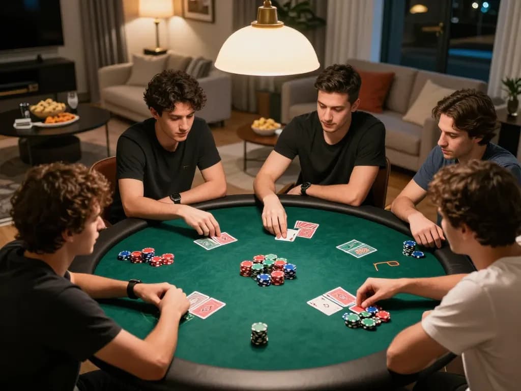 Engaging home poker night featuring friends analyzing tỷ lệ kèo nhà cái hôm nay in an inviting atmosphere.