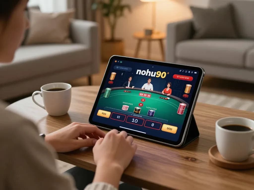 Nohu90 user enjoying live casino games on a tablet in a cozy home environment