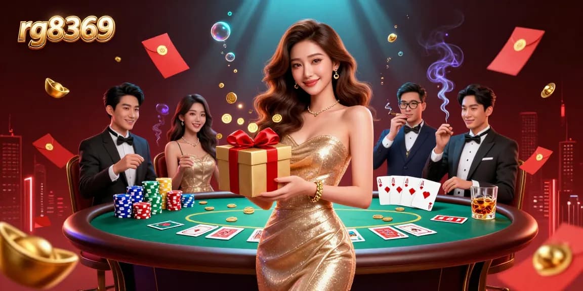 Win big with exciting games at rg8369, showcasing an elegant Asian woman celebrating at a bustling casino.