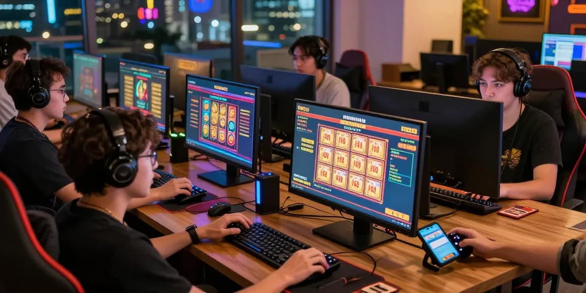 Group enjoying ngamenjitu online gaming with lottery and slot activities in a vibrant urban setting.