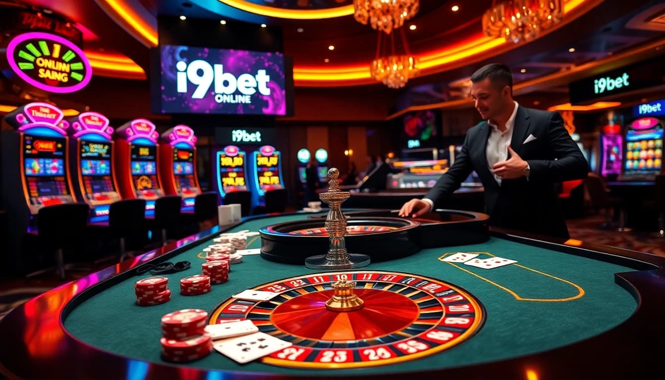 Engage in exciting games at i9bet with vibrant casino tables, poker chips, and live dealers.