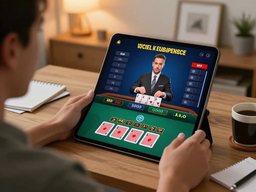 Player engaging in online blackjack from home using 7-hd tablet, showcasing gaming strategy
