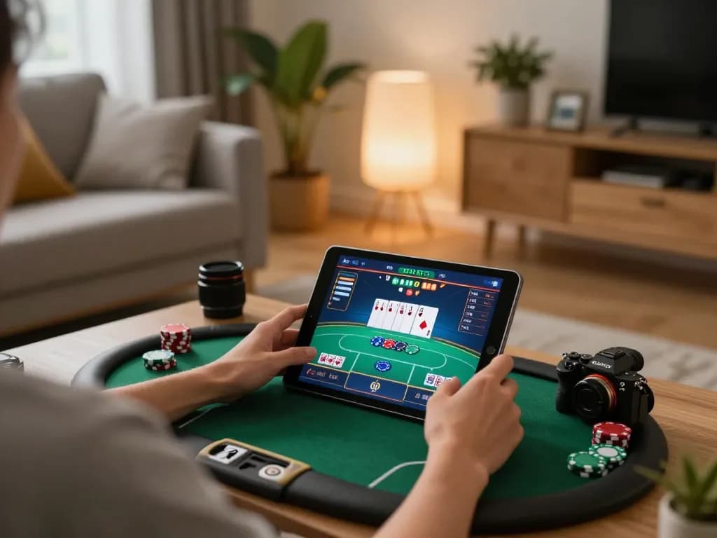 Engaged player enjoying hitclub poker game on tablet at home with cozy decor.