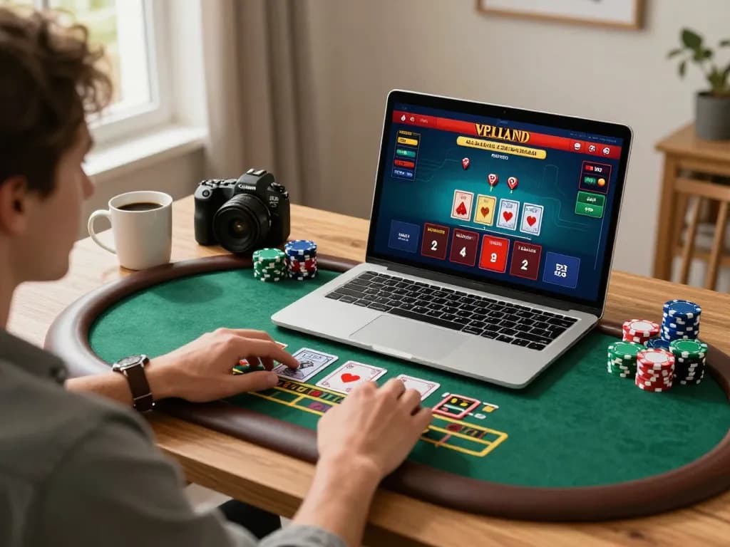 Engaging in online blackjack at mb66, showcasing a stylish home gaming setup.