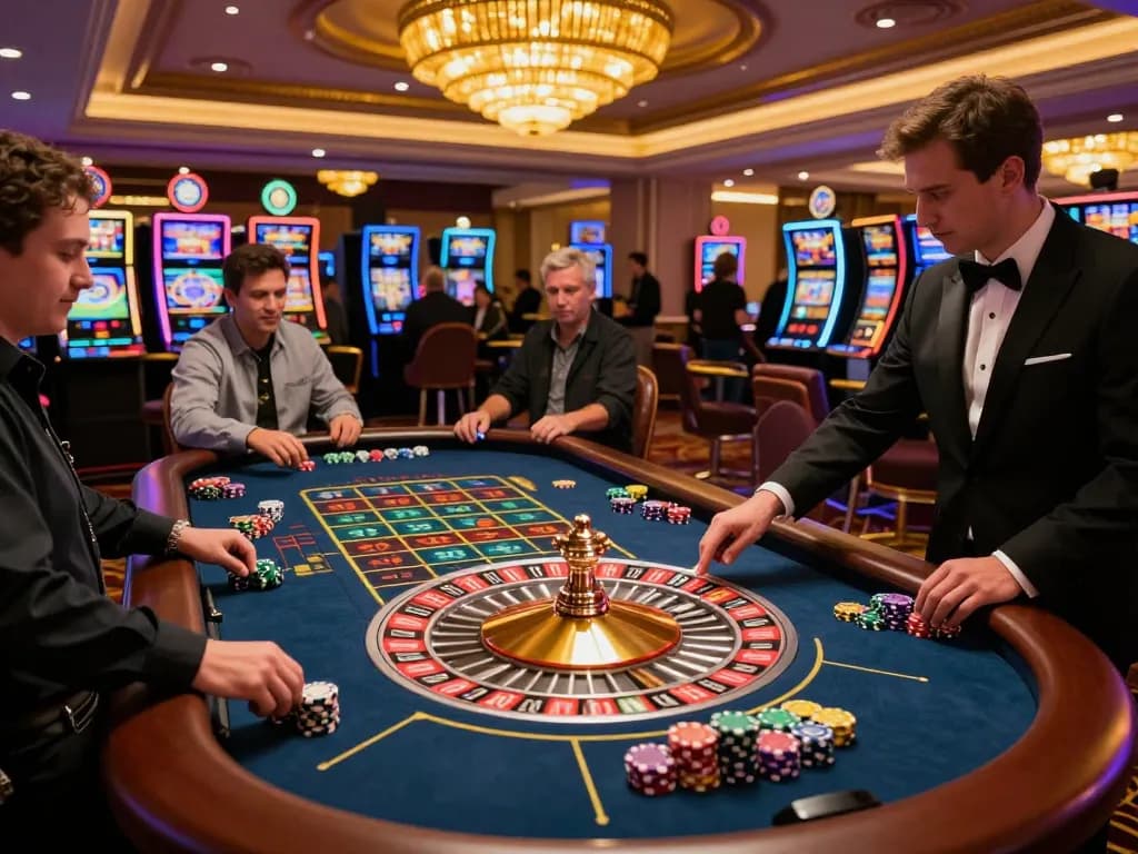 Players engaging in high-stakes betting at roulette table in upscale casino, showcasing excitement around the action of tr88.