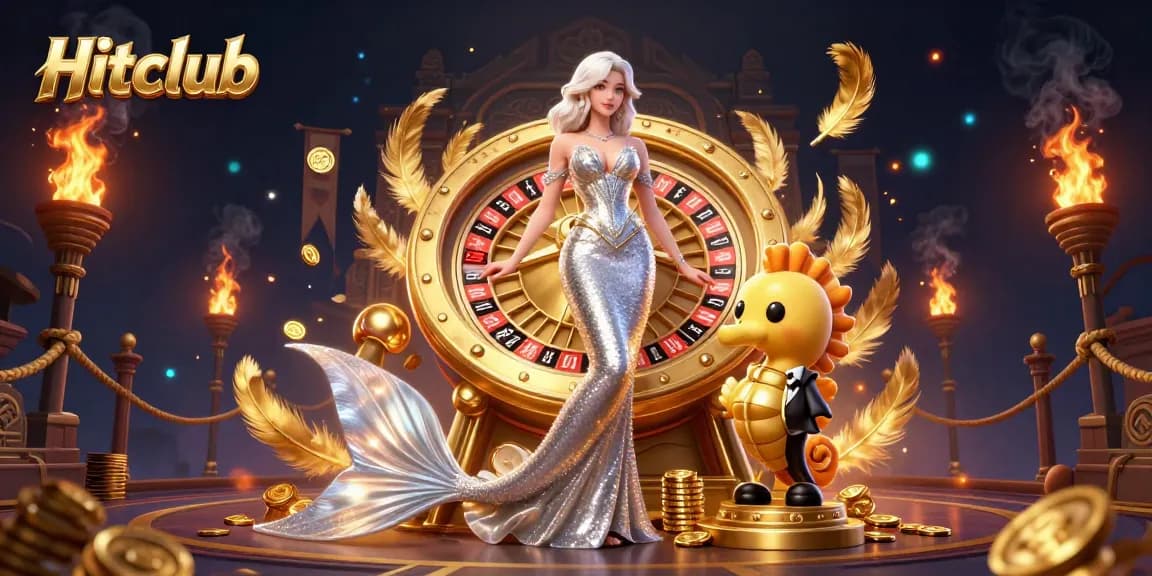 Hitclub invites players to engage with a vibrant casino scene featuring roulette and animated characters.