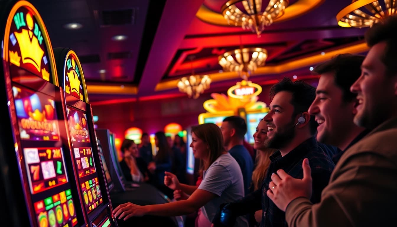 Menang besar dengan slot gacor mudah menang yang menampilkan keceriaan pemain di kasino.