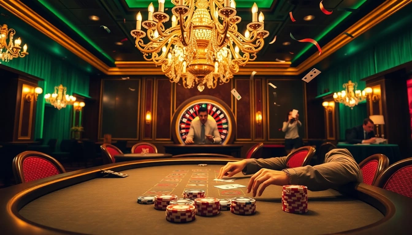 A player enjoying high-stakes poker at 23win casino, surrounded by vibrant colors and luxurious gaming atmosphere.