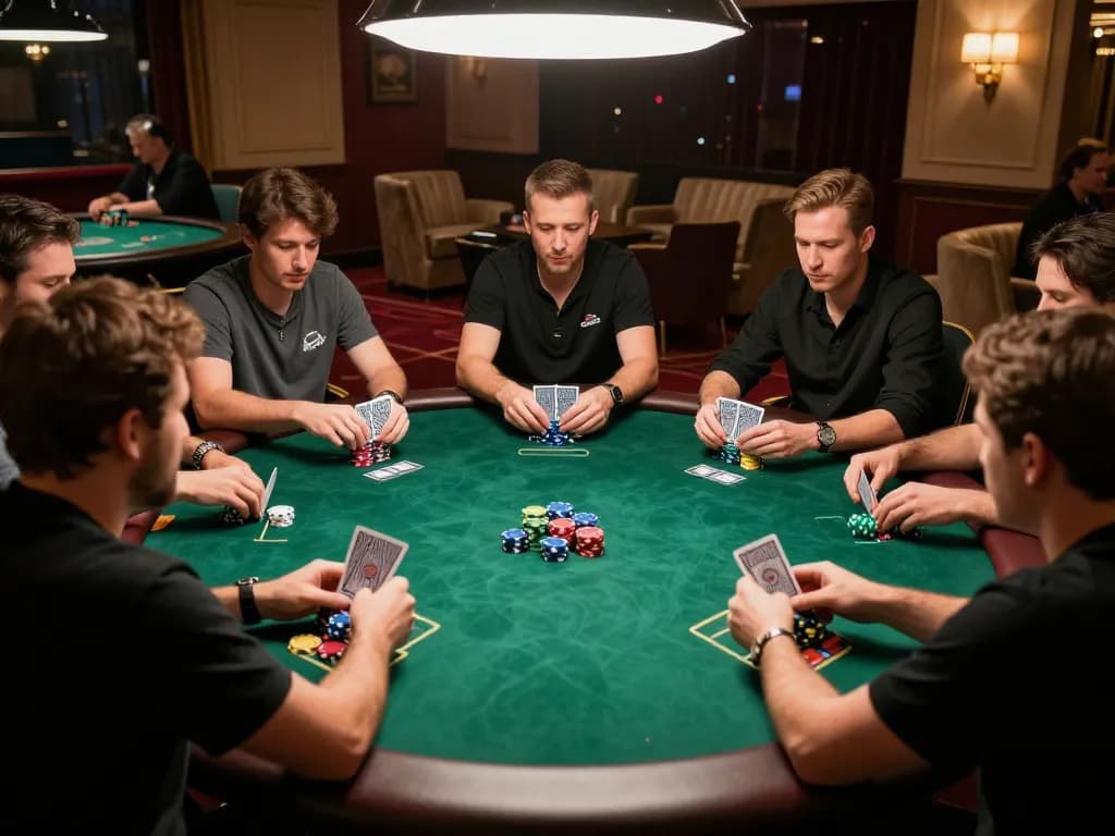 Pemain poker Aman788 yang terlibat dalam permainan taruhan tinggi, menampilkan suasana kasino yang meriah.