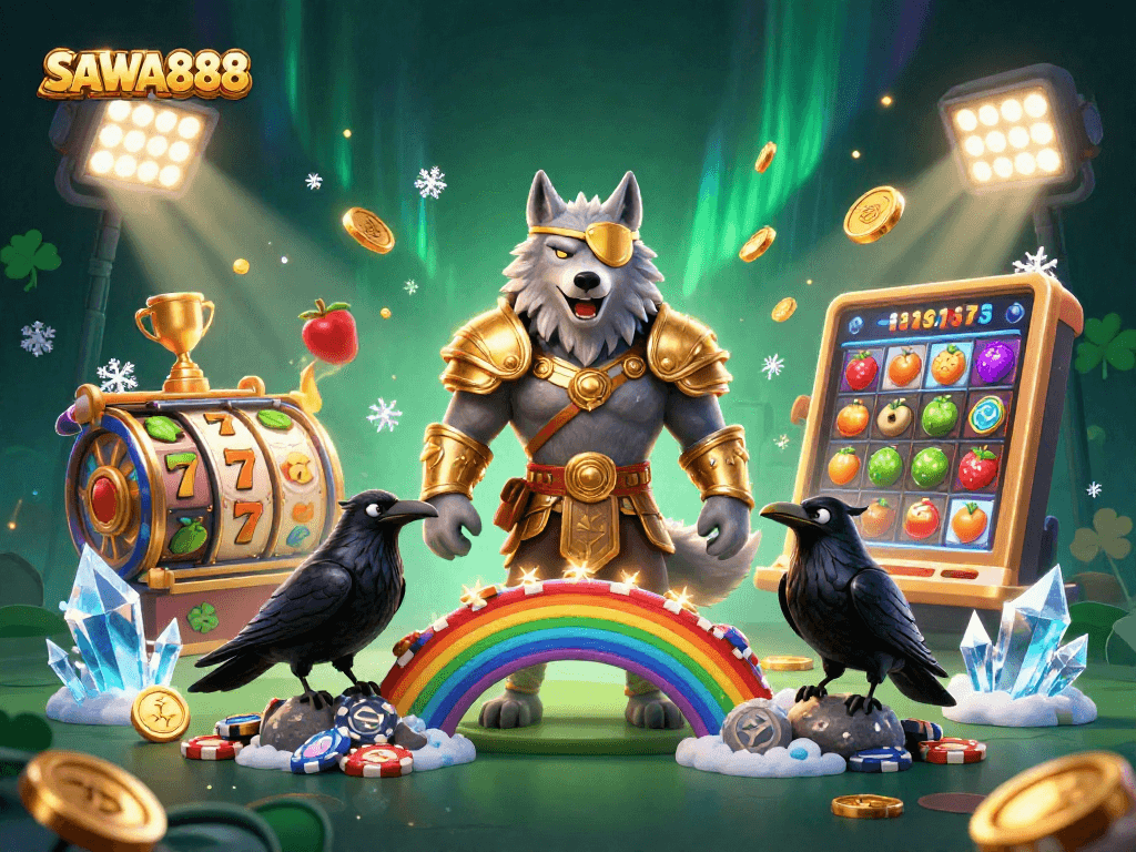 Spin and win with SAWA888's immersive 3D gaming experience featuring slot machines and golden trophies.