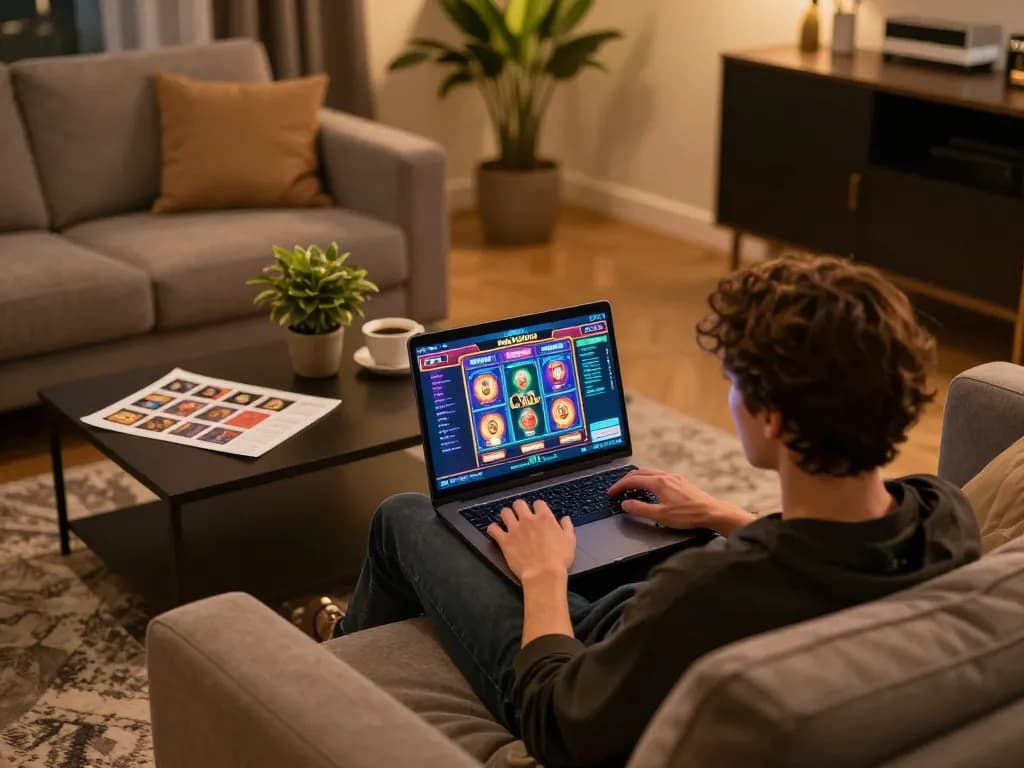 Engaged in online MMOO gambling with vibrant games displayed on laptop screen in a cozy home environment.