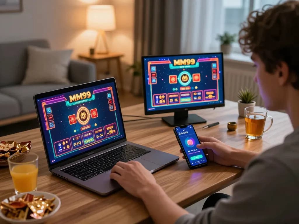 MM99 gaming setup shows a player engaged with online casino games on both laptop and smartphone