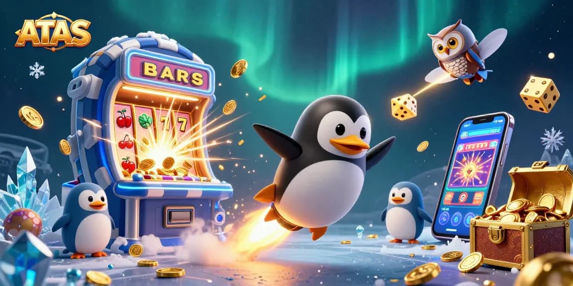 Engage in ATAS casino fun with golden penguins and jackpots bursting from slot machines.