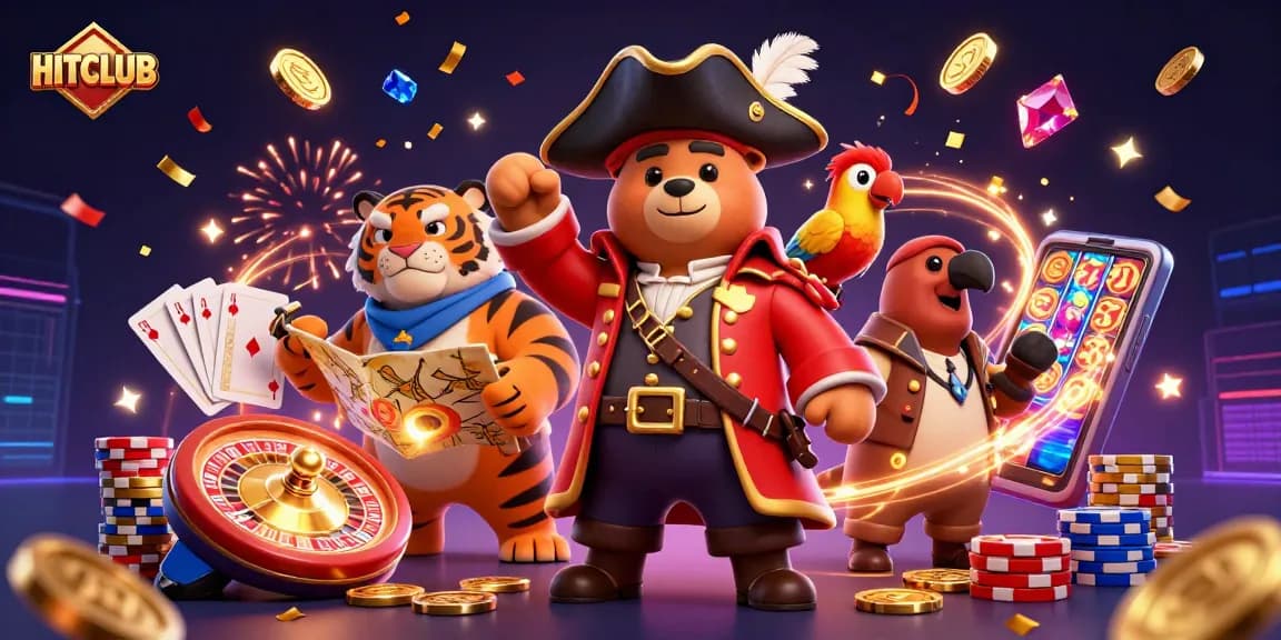 Experience HITCLUB's thrilling games with vibrant casino visuals featuring pirates and treasures.