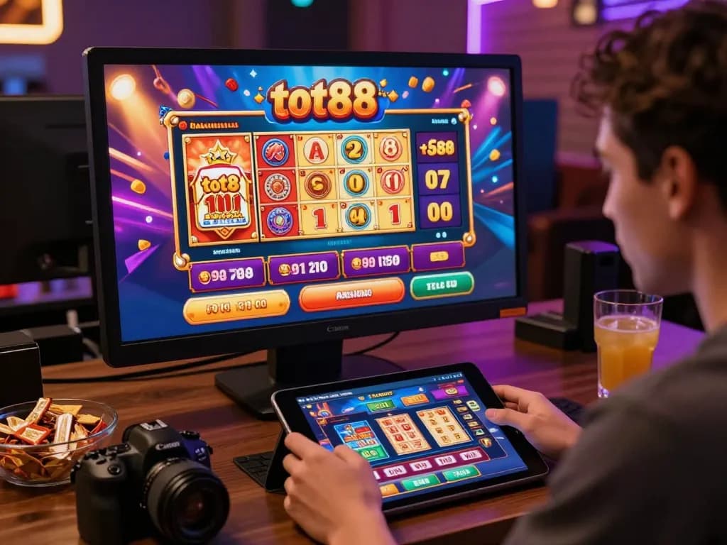 Player enjoying online gambling on the tot88 platform with exciting visuals and a cozy setup
