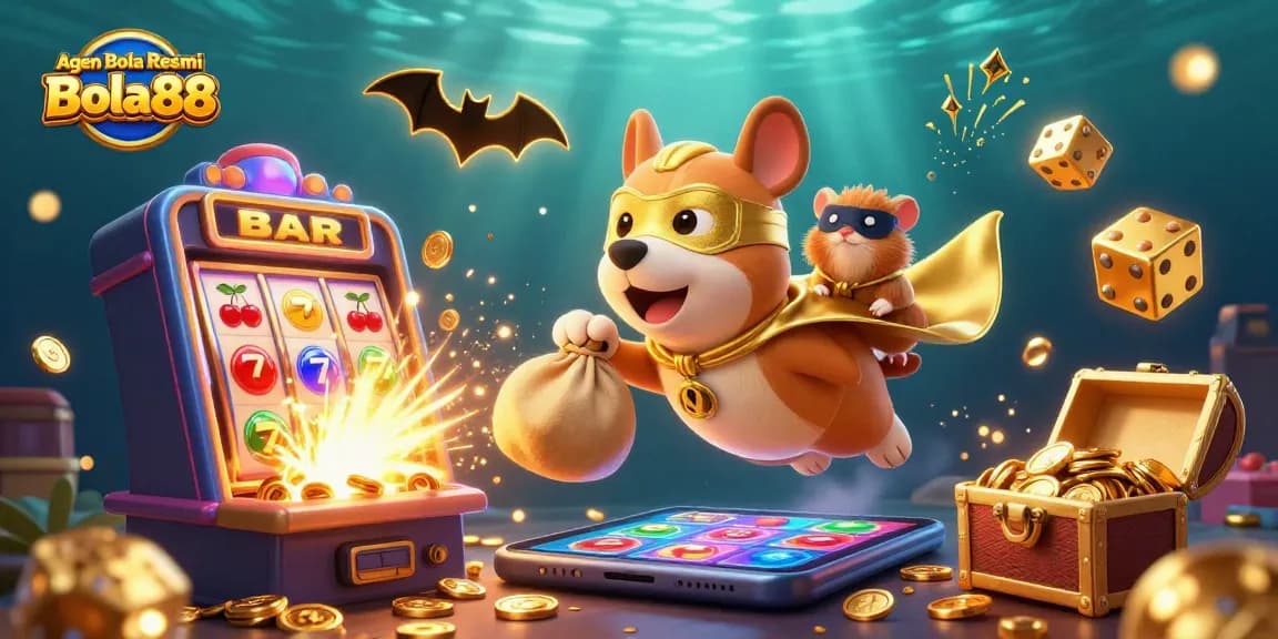 Agen Bola Resmi Bola88 presents an exciting scene of a superhero dog flying with gold coins, capturing thrilling casino moments