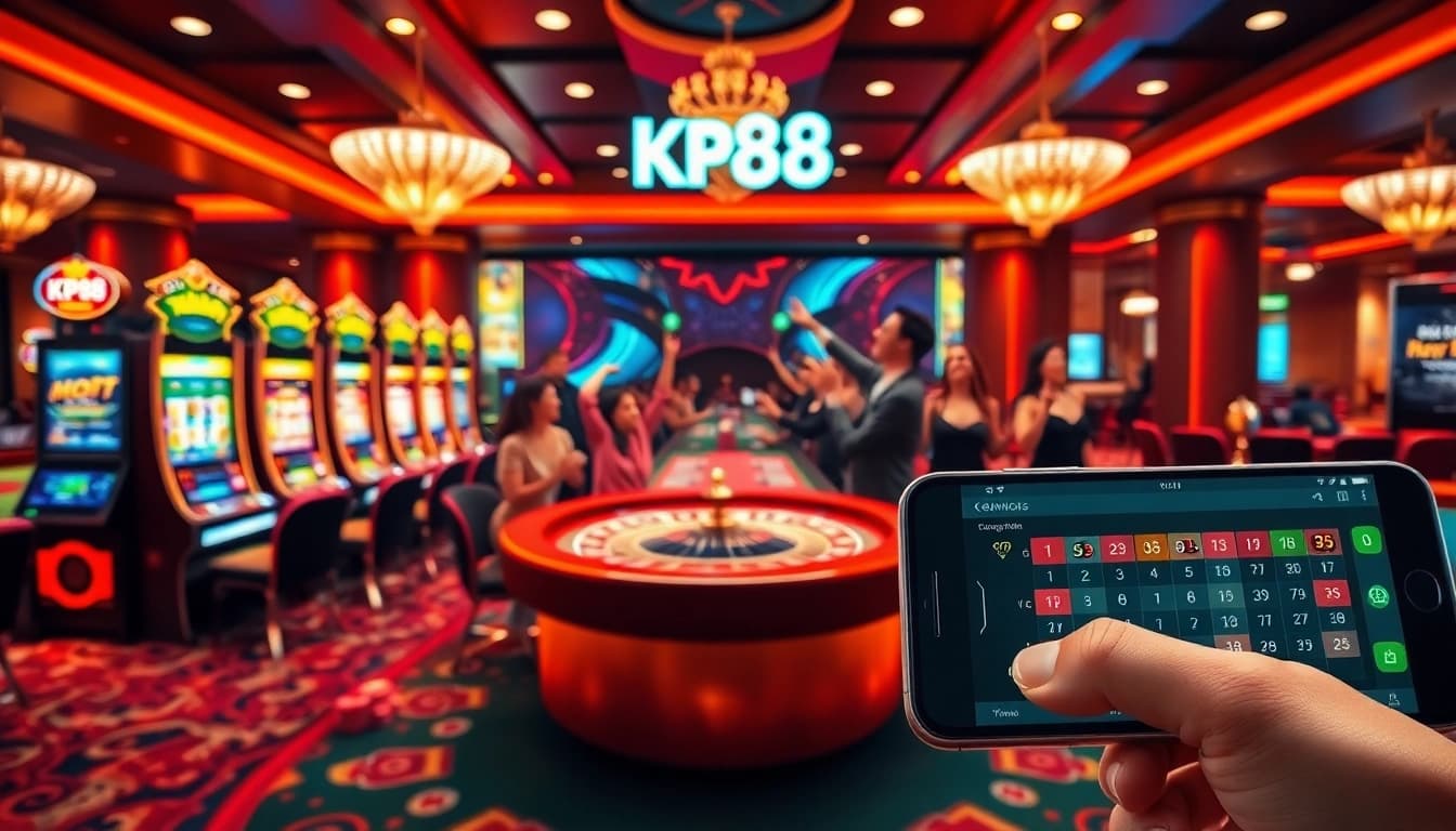 KP88 players enjoying a winning moment at a glamorous casino, featuring vibrant gaming elements.