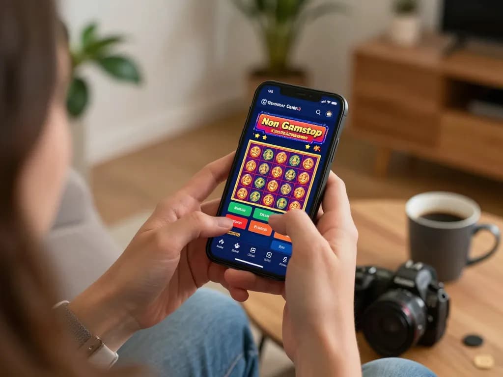 Engaging gameplay at non gamstop casinos using a smartphone at home, showcasing vibrant slot games.