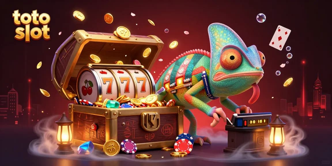 Toto slot players enjoy exciting jackpot wins with a colorful gold-charming chameleon casino owner and dynamic game elements.