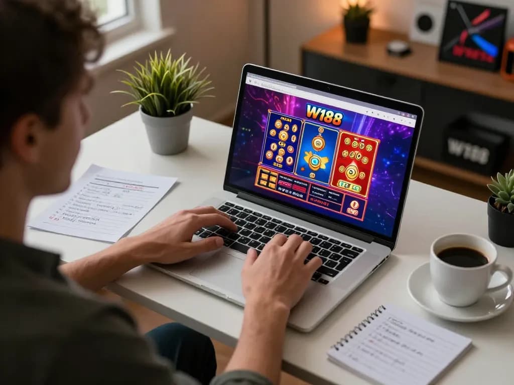 Engaging gaming session on W188 platform, showcasing an individual strategizing with laptop.