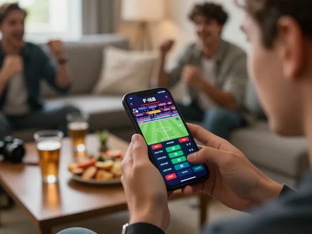 Player engaging with F168 betting app for live sports betting in a social setting.