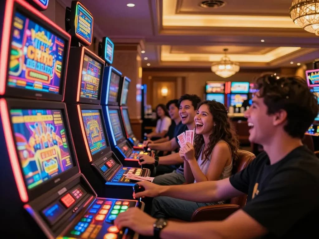 32win players celebrating wins at vibrant slot machines in a luxurious casino atmosphere.