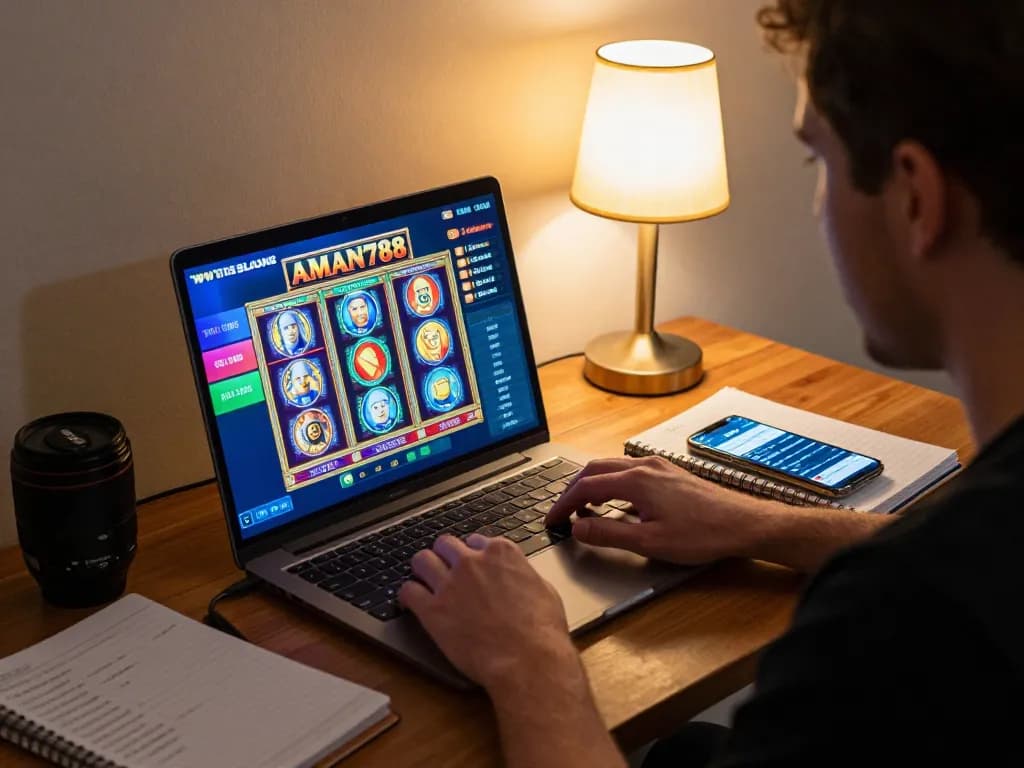 Pemain yang terlibat dengan permainan slot aman788 di laptop, menunjukkan permainan strategis di rumah.
