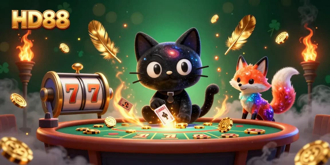 Experience the thrill of HD88 with a cosmic cat and colorful fox in a vibrant casino scene.