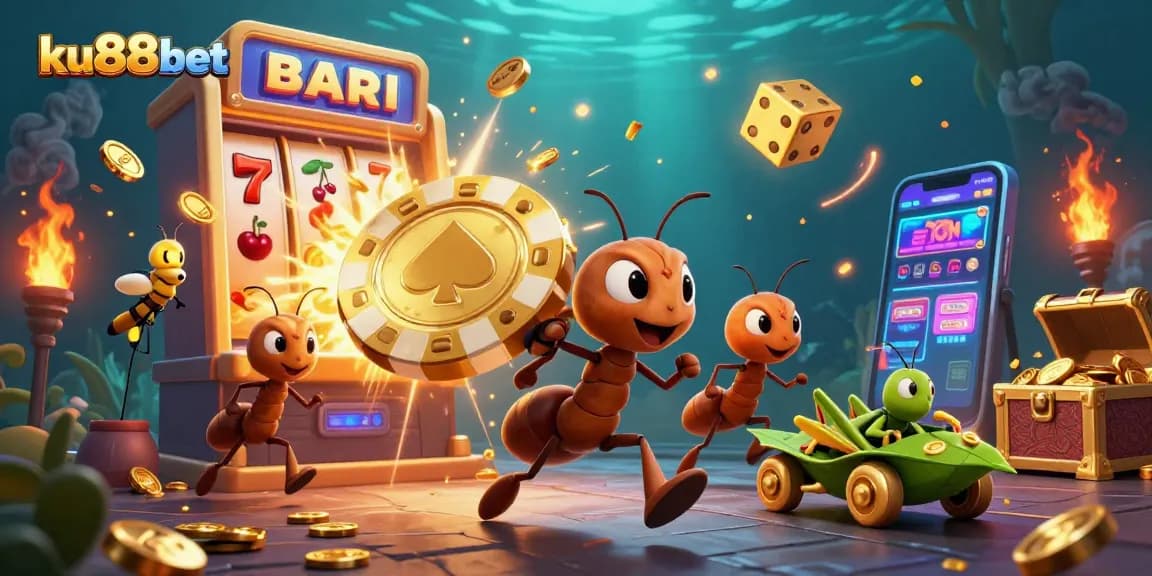 ku88bet captures a dynamic casino heist scene with ants, showcasing vibrant slot elements.