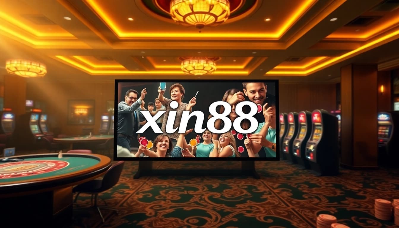 Xin88 online casino interface showing vibrant slots, poker chips, and lively players celebrating wins.