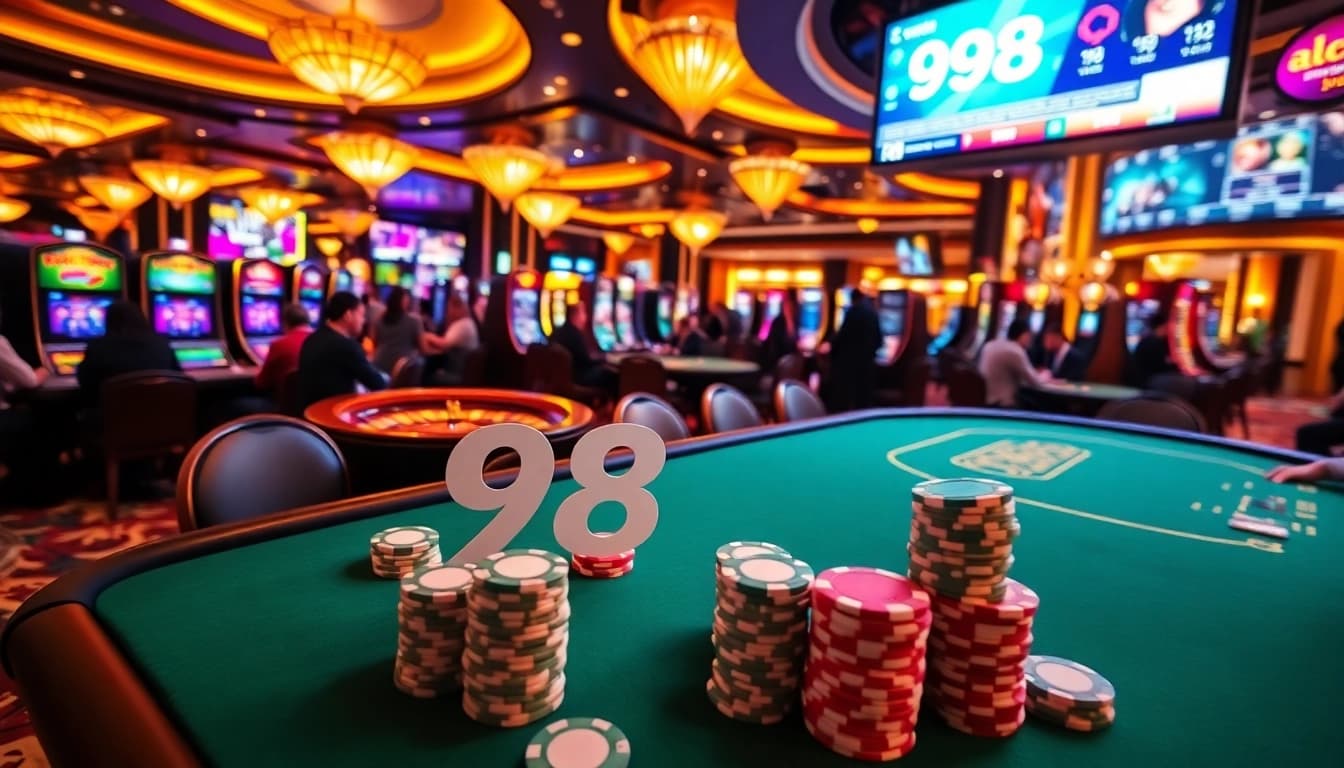 Experience the excitement at 98win's luxurious casino with vibrant gaming tables and slot machines.
