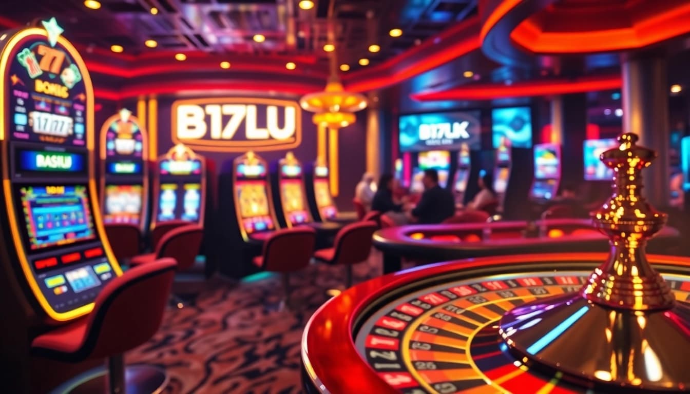 Exciting gaming experience at B52CLUB with players engaging at vibrant poker and slot tables.