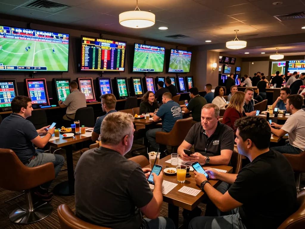 Engage with fabet sports betting excitement in a vibrant lounge filled with avid bettors.