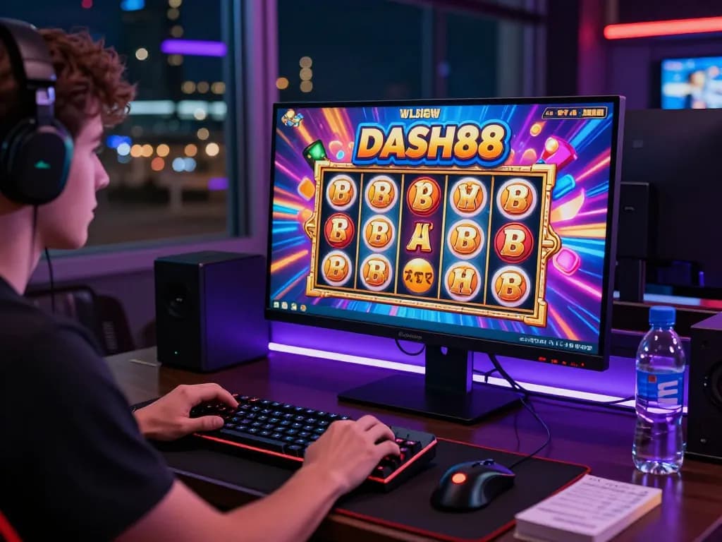 Player intensely focused on Dash88 online slot game, showcasing vibrant interface and gaming setup, creating an exciting gaming atmosphere.