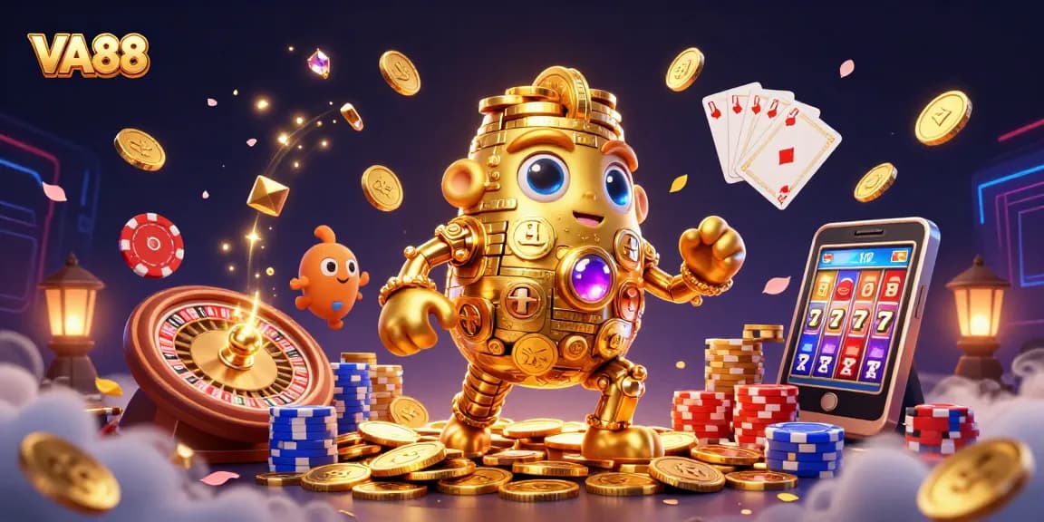 Spin the reels with VA88's dynamic golem and golden gaming elements circling through the air.