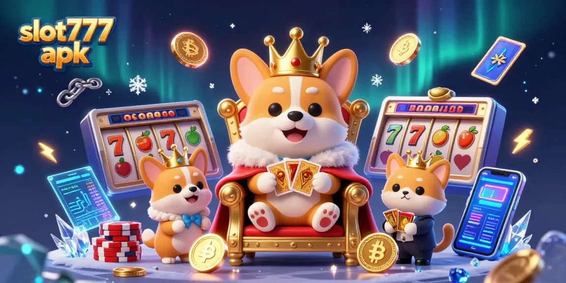 Play exciting slot machines like slot777 apk with cartoon corgi royalty in a vibrant casino scene.